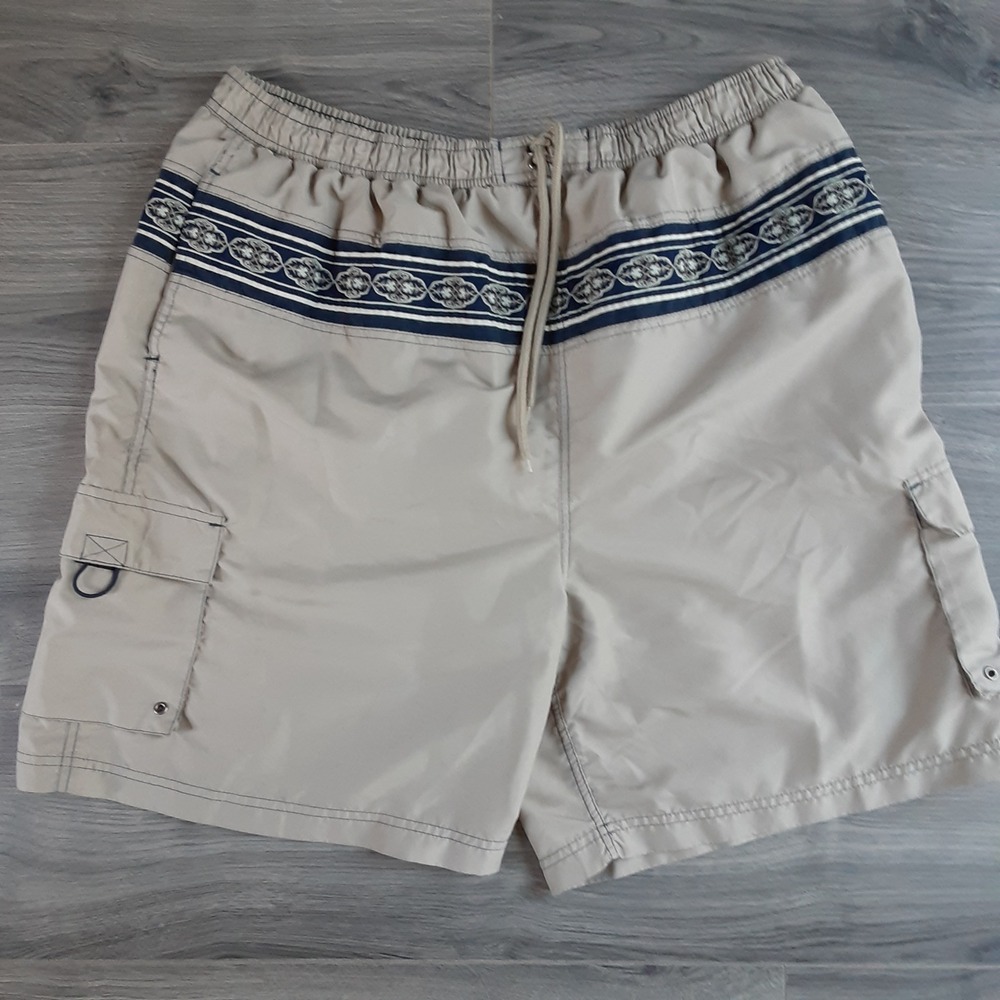 Mens Tan Cargo Board Shorts Navy Geometric Band Drawstring Swim Trunks XXL